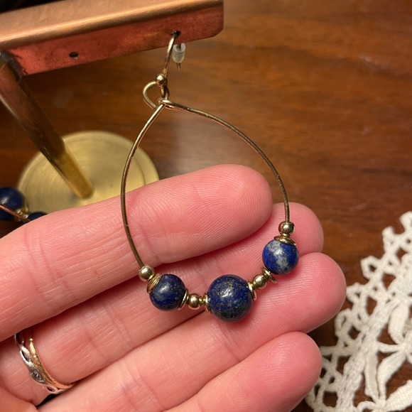 Pendant earrings gold and blue stones - Picture 2 of 2